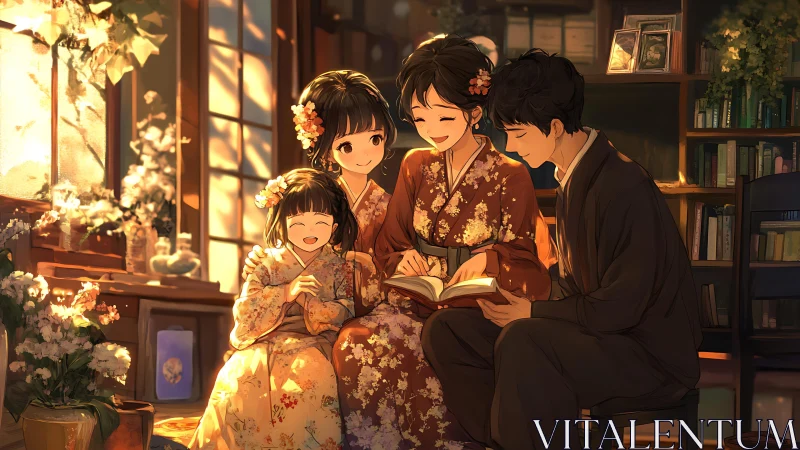 Golden afternoon family reading together in gentle harmony
