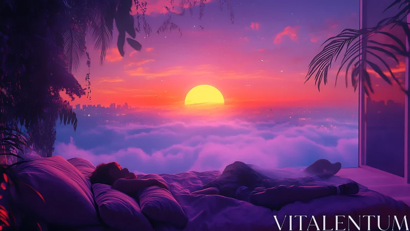 Person resting in bed facing vivid pink and orange sunset.