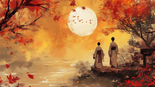 Two robed figures under large autumn moon at shore.