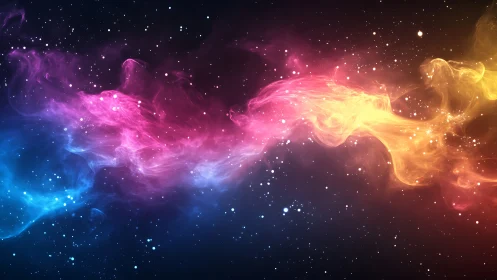 Vibrant cosmic nebula waves blend blue, pink, and gold light.