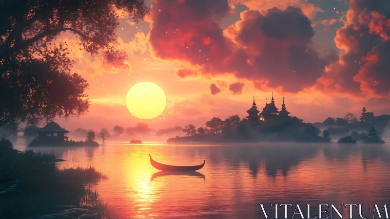 Sunlit temple lake at dusk with glowing clouds and skiff.