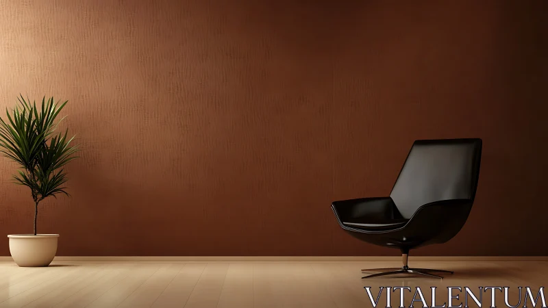 Minimalist lounge with black leather chair and potted dracaena