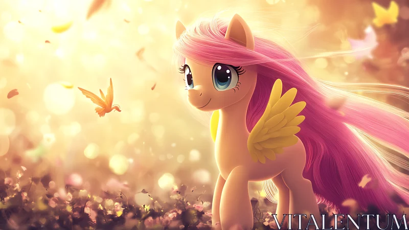 Digital painting of pastel pegasus in luminous woodland glow.