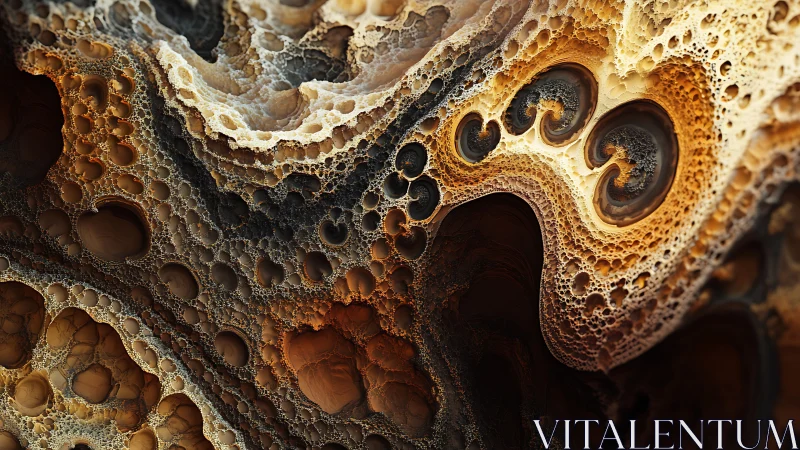 Fractal rock strata with swirling cavities in warm light.