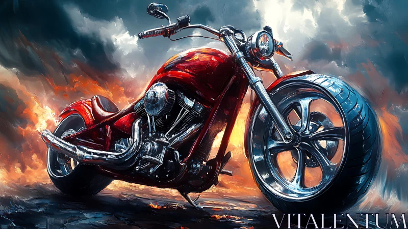 Red custom motorcycle rendered in dynamic painted style.