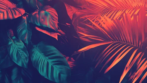 Neon tropical leaves contrast teal shadows with vivid orange light