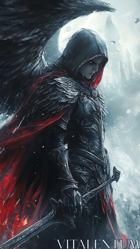 Brooding winged knight in ember-lined obsidian armor stands.