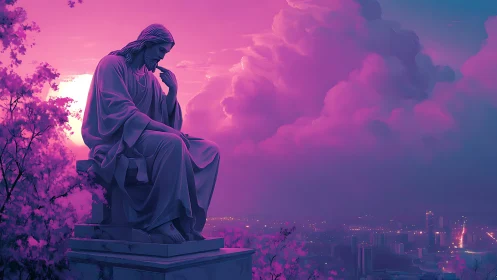Marble Christ statue overlooks neon-lit city under magenta volumetric sky