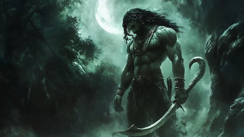 Moonlit warrior stands vigilant in a mist‑shrouded jungle night.