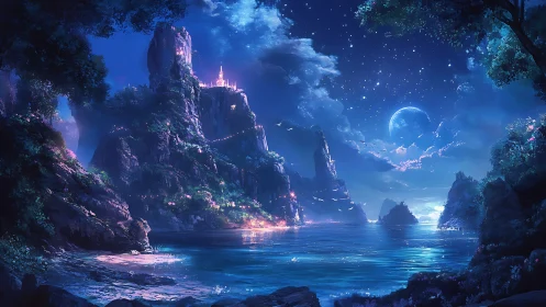 Nocturnal Mountain Fortress Above Luminescent Bay