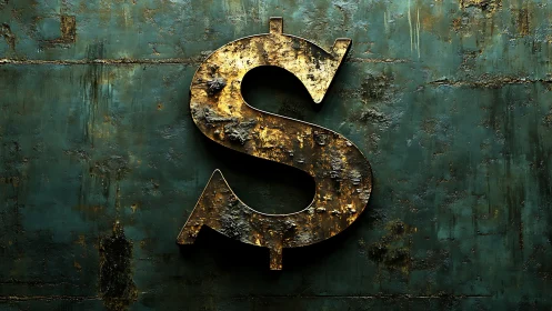 Rustic metallic dollar symbol on distressed teal wall.