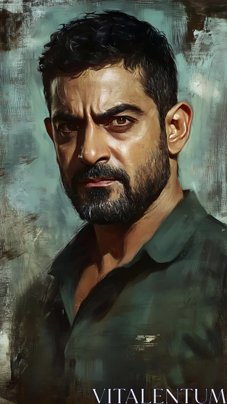 Storm-eyed wanderer in textured oil portrait glare.