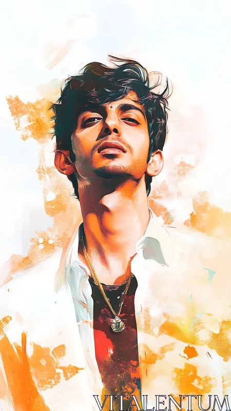 Expressive portrait of young man in warm painted light.