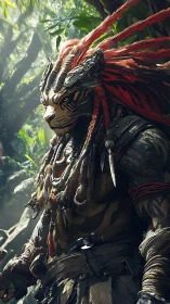 Jungle feline warrior with tribal armor and red dreadlocks.