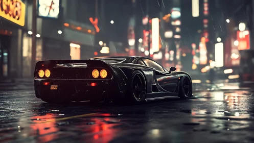 Midnight supercar hums through neon rain and glistening streets