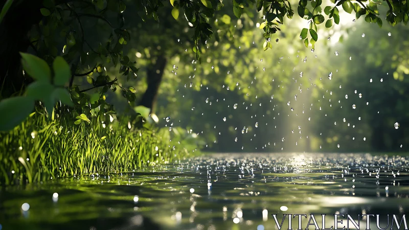 Glittering raindrops over sunlit forest pond surface.