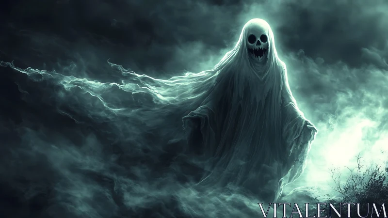 Ghostly phantom glides through swirling mist and moonlit fog