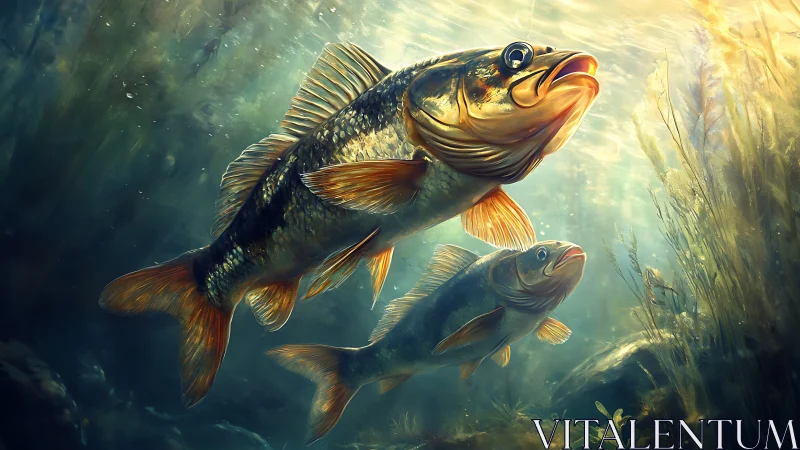 Golden river fish gliding through a glowing underwater world.