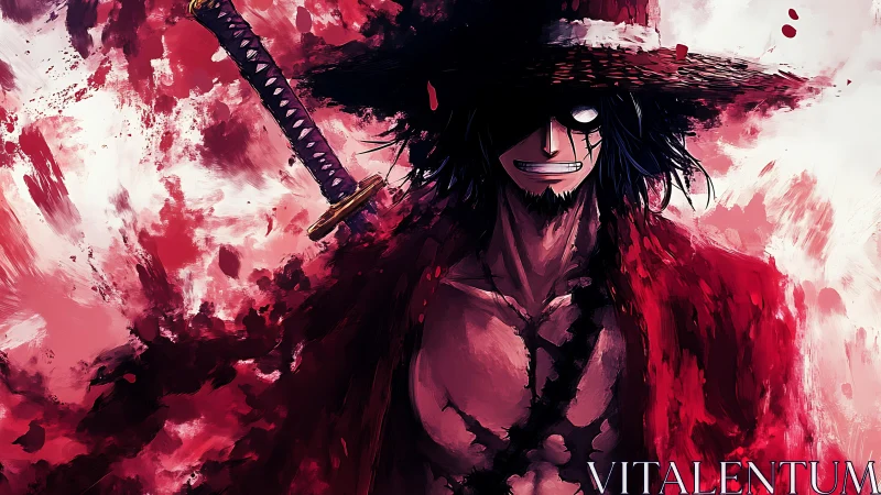 Sword-bearing anime figure in red cloak with dark hat profile.