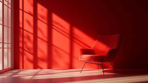 Red lounge chair basks in geometric window light shadows.