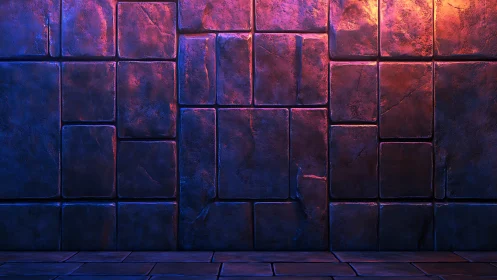 Stone tile wall shows colored lighting with worn surface
