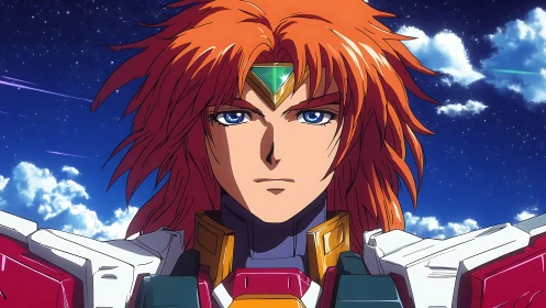 Red haired anime pilot in powered armor under night sky.