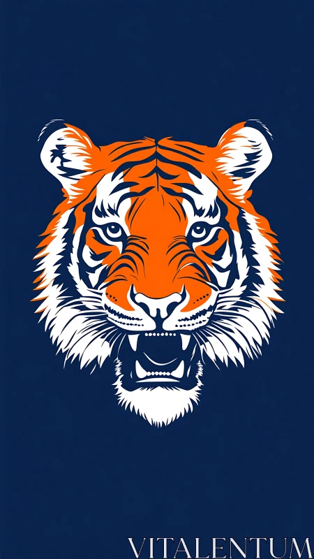 Bold orange tiger emblem on deep navy minimalist field.