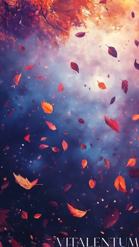 Autumn leaves swirl through luminous dusk sky gradient