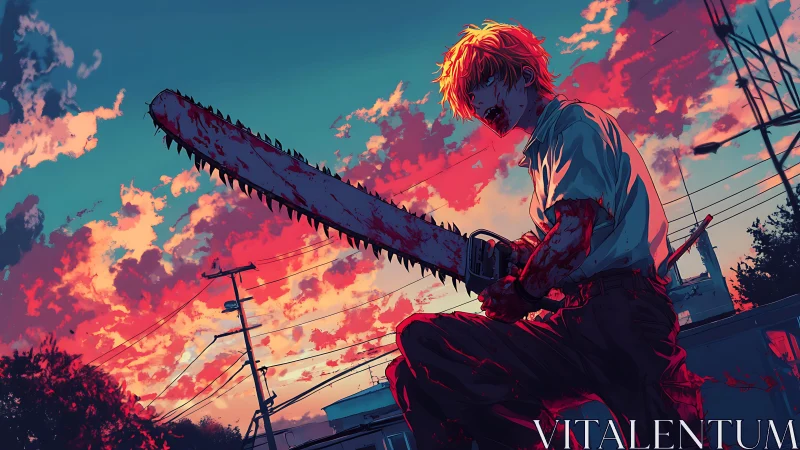 Bloodlit chainsaw drifter beneath riot-red electric skies.