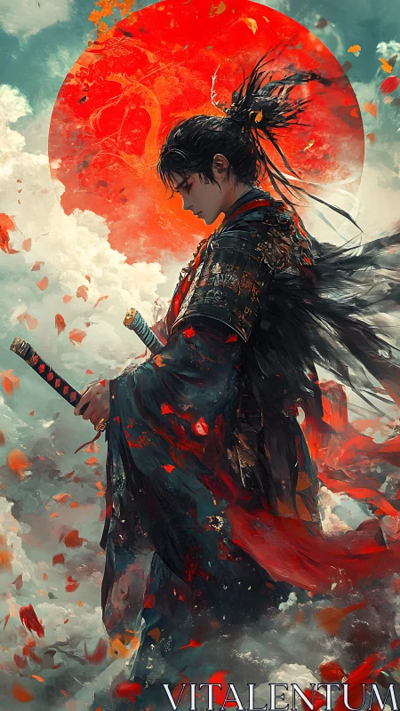 Samurai figure before red sun amid swirling petals and clouds.