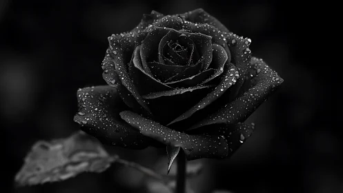 Single black rose with water droplets in deep contrast