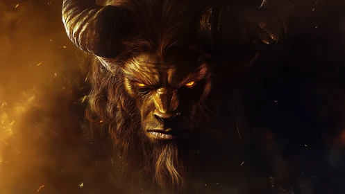 Demonic horned beast emerges from burning shadowed void.