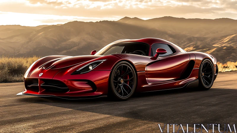 Crimson supercar drinks the sunset along a mountain road