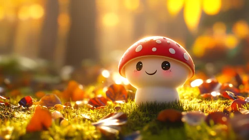 Soft-lit stylized mushroom character under warm autumn backlight
