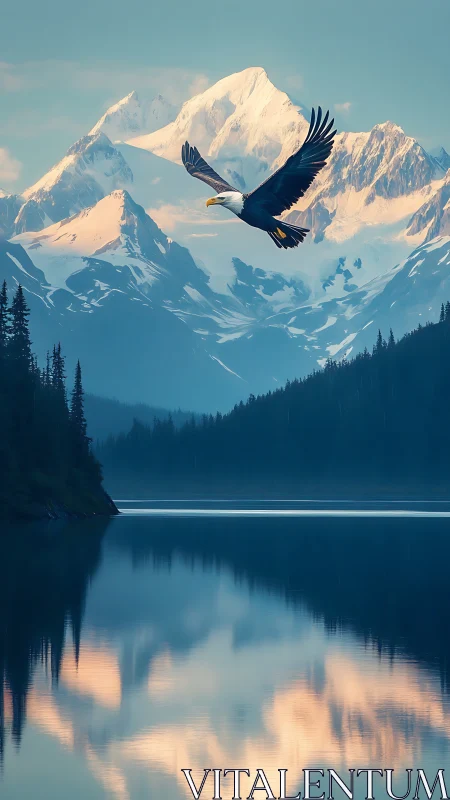 Bald eagle glides above alpine lake and snowy peaks.
