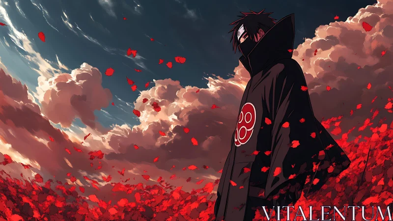 Storm-kissed wanderer drifts through a scarlet leaf sea