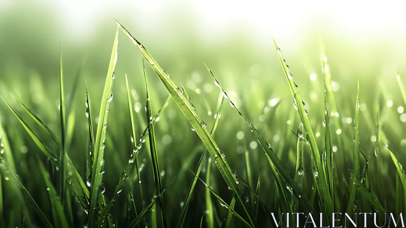 Dawn-lit grass blades trade secrets with lingering dewdrops