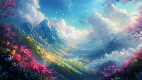 Luminous mountain valley with vibrant spring blossom clouds.