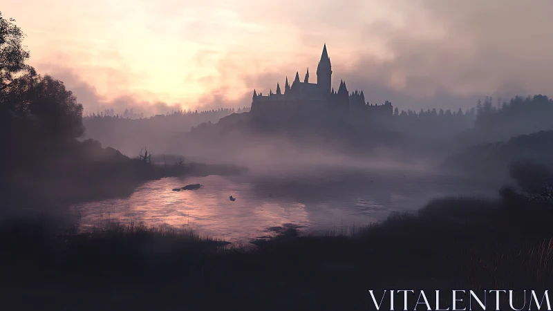 Mist-cloaked lakeside castle dreaming beneath rose sunrise.