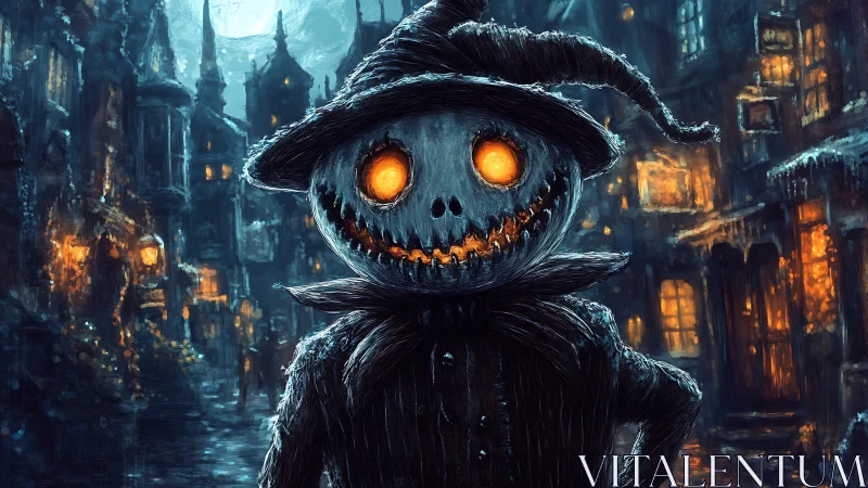 Grinning pumpkin scarecrow haunts icy gothic alleyway.