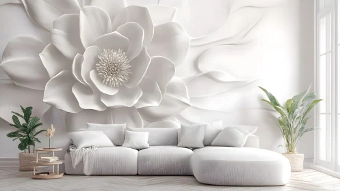 Modern living room with giant white floral wall art and minimal decor.