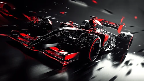 Red and black Formula race car in dynamic motion at speed.
