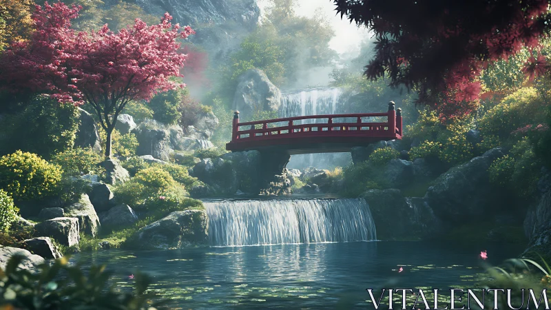 Red wooden bridge spans layered waterfalls in lush valley