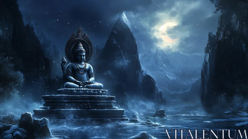 Moonlit seated deity statue rendered in icy mountainous river valley