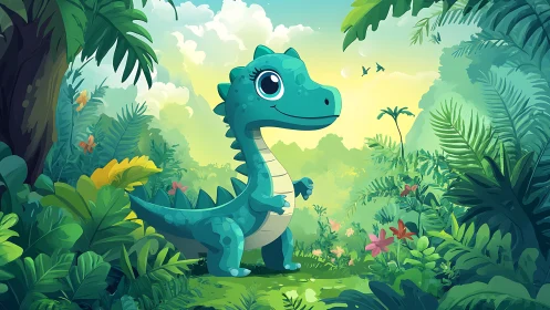 Tiny teal dinosaur politely patrols a sunlit jungle path