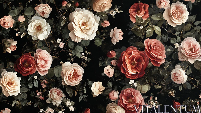 Botanical Rose Arrangement Against Dark Background