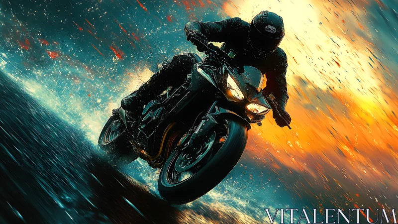 Motorcyclist riding at speed on wet road at sunset.