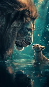 Lion and Cub in Turquoise Waters Share Tender Moment