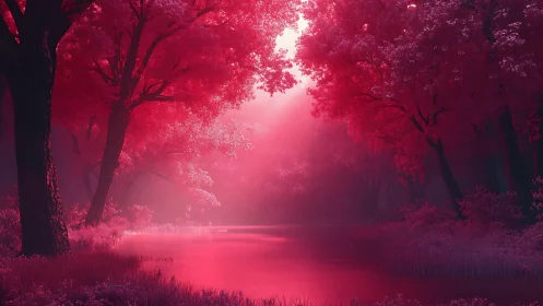 Crimson Forest Path Through Luminous Mist.