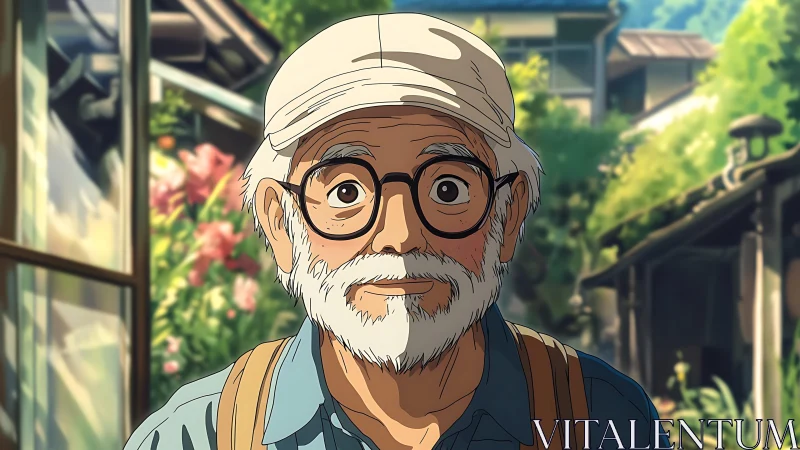 Elderly traveler portrait in serene rural anime village.